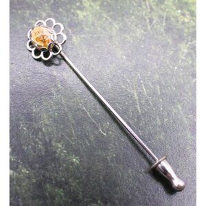 Vintage Monet Floral Baltic Amber Cabochon Small Stone Stick Pin Silver-Tone
